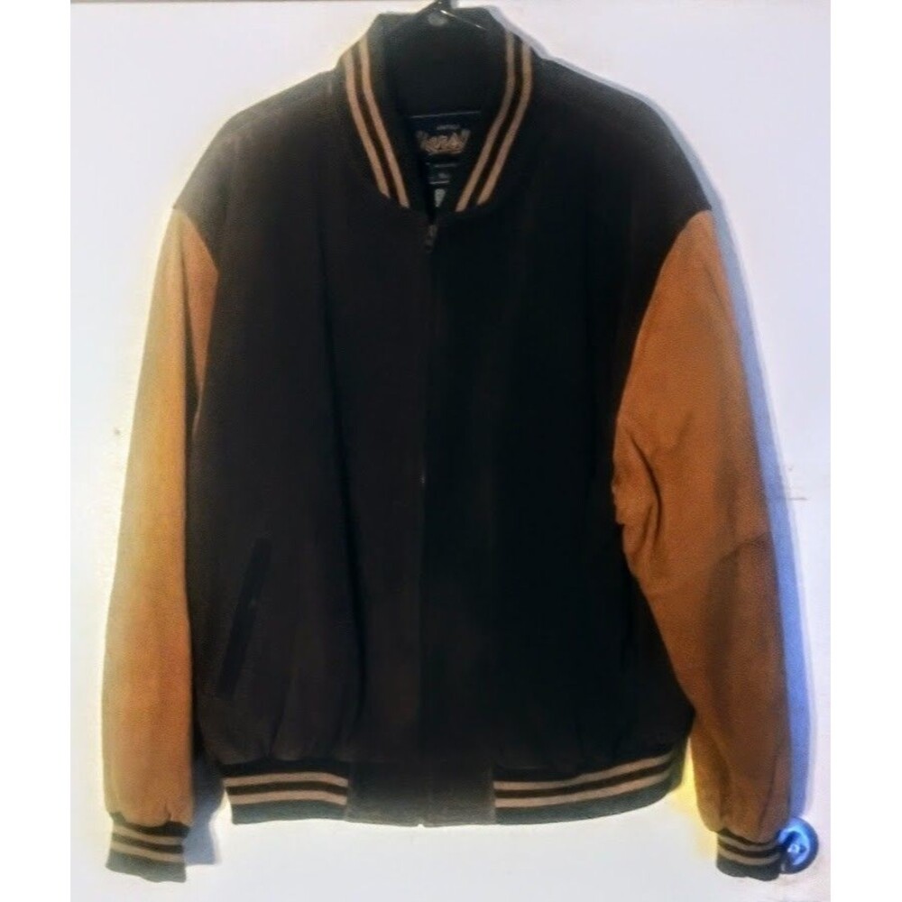 VINTAGE VARSITY MENS 2XL SUEDE LEATHER LETTERMANS FULL ZIP BOMBER JACKET BROWN